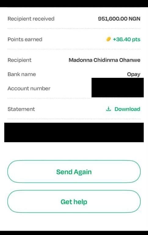 Client payment receipt for 951,600 naira, account details redacted