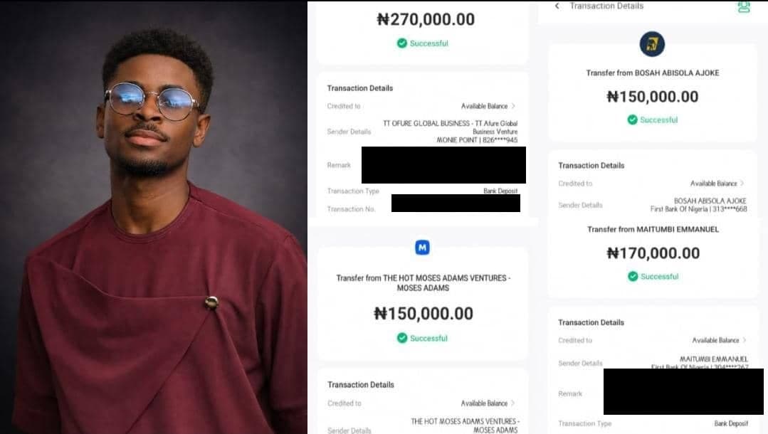 Student portrait with four client payment receipts, account details redacted