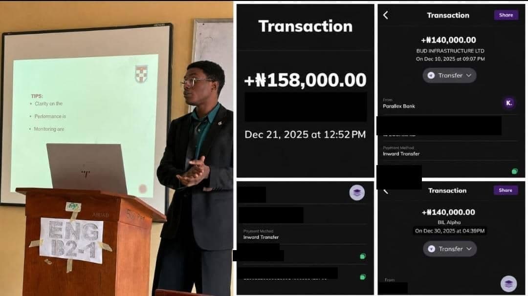 Student presenting on campus with three client payment receipts, account details redacted